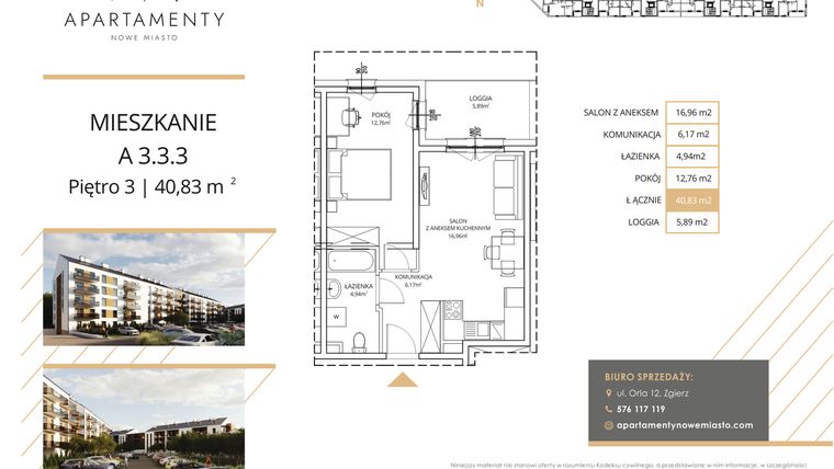 Rzut - Mieszkanie na sprzedaż 2 pokoje o powierzchni 40,83 m² - numer A3.3.3 w Apartamenty Nowe Miasto