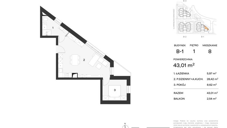 Rzut - Mieszkanie na sprzedaż 2 pokoje o powierzchni 43,01 m² - numer 8 w Koncertowa Dolina