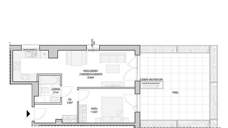 Rzut - Mieszkanie na sprzedaż 2 pokoje o powierzchni 46,53 m² - numer WO/T/13/4 w Wiszące Ogrody