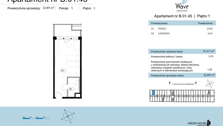 Rzut - Mieszkanie na sprzedaż 1 pokój o powierzchni 32,89 m² - numer B.01.45 w Wave Świnoujście Thermal & Spa