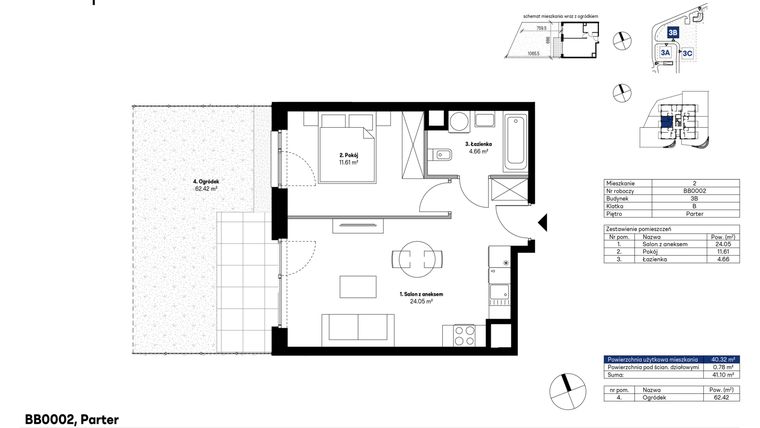 Rzut - Mieszkanie na sprzedaż 2 pokoje o powierzchni 40,32 m² - numer BB0002 w NU3 Warszawa Wola