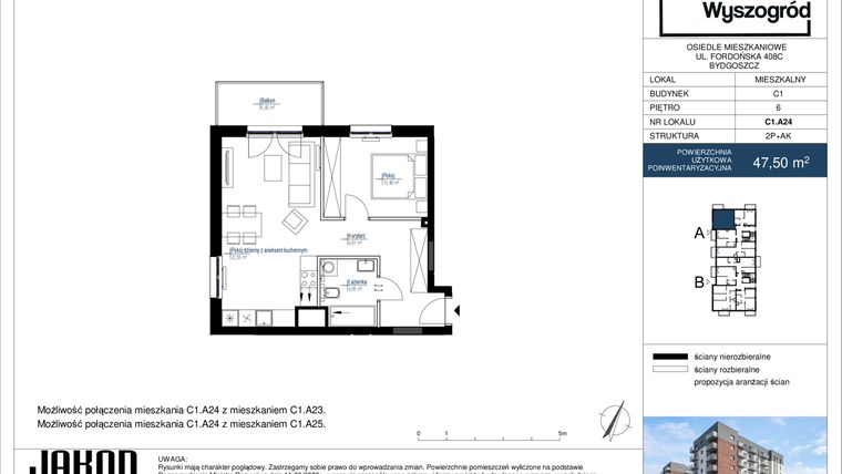 Rzut - Mieszkanie na sprzedaż 2 pokoje o powierzchni 47,5 m² - numer C1.A24 w Nowy Wyszogród etap II