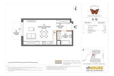 Rzut - Mieszkanie na sprzedaż 1 pokój o powierzchni 34,2 m² - numer A16 w Apartamenty Rusałki
