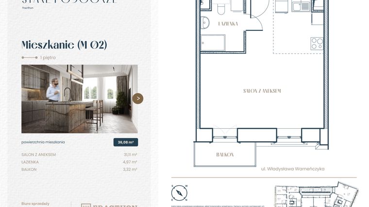 Rzut - Mieszkanie na sprzedaż 1 pokój o powierzchni 36,13 m² - numer M.2 w Stare Podgórze