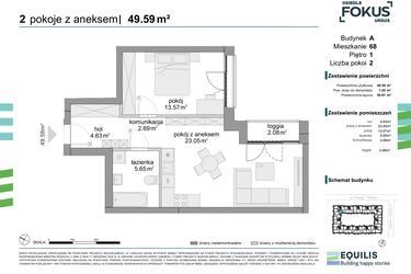 Rzut - Mieszkanie na sprzedaż 2 pokoje o powierzchni 49,59 m² - numer 68 w Osiedle Fokus Ursus