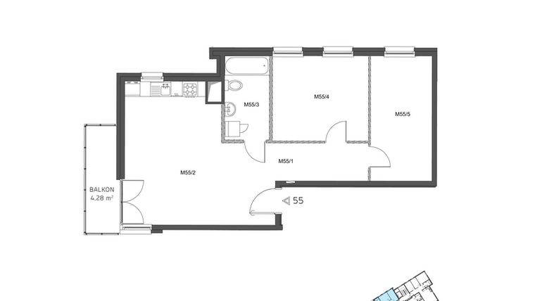 Rzut - Mieszkanie na sprzedaż 3 pokoje o powierzchni 62,86 m² - numer 55 w Wzgórze Krzemionki II