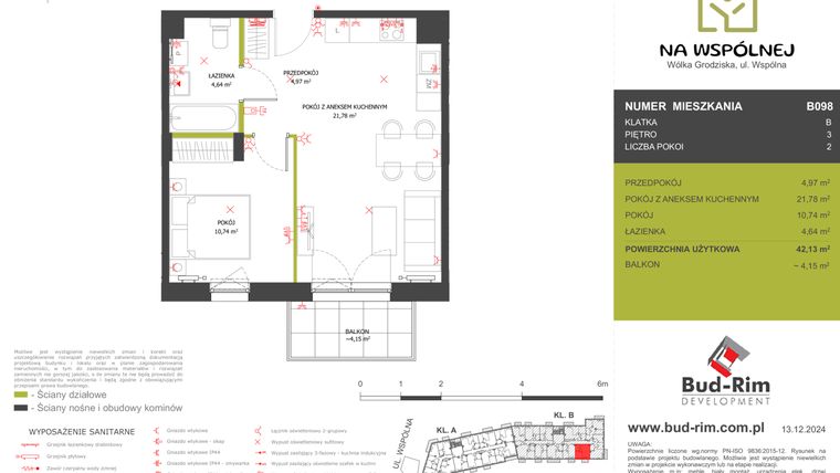 Rzut - Mieszkanie na sprzedaż 2 pokoje o powierzchni 42,13 m² - numer 98 w Na Wspólnej