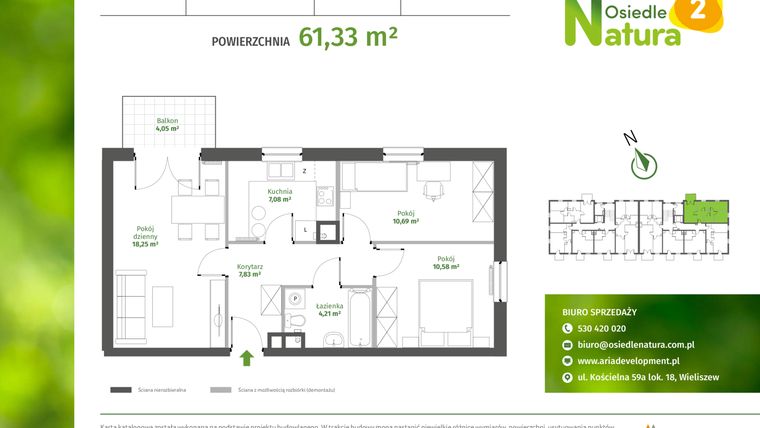 Rzut - Mieszkanie na sprzedaż 3 pokoje o powierzchni 61,33 m² - numer 1-M1 w Osiedle Natura 2