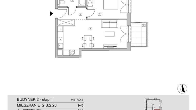 Rzut - Mieszkanie na sprzedaż 2 pokoje o powierzchni 46,16 m² - numer 2.B.2.28 w ATAL Apollina II