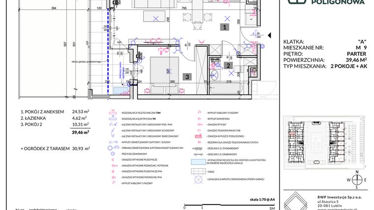 Rzut - Mieszkanie na sprzedaż 2 pokoje o powierzchni 39,46 m² - numer 9 w Apartamenty Poligonowa etap 5