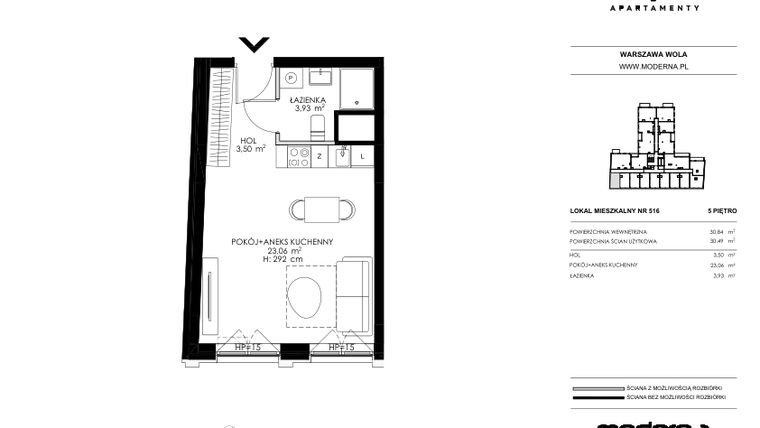 Rzut - Mieszkanie na sprzedaż 1 pokój o powierzchni 30,49 m² - numer 516 w Chronos