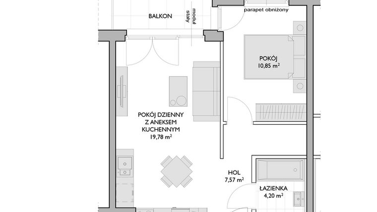 Rzut - Mieszkanie na sprzedaż 2 pokoje o powierzchni 42,4 m² - numer WO/P3/28 w Wiszące Ogrody