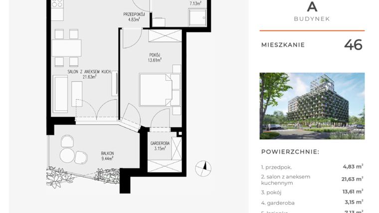 Rzut - Mieszkanie na sprzedaż 2 pokoje o powierzchni 50,35 m² - numer 46 w Semiramis