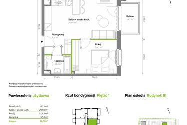 Rzut - Mieszkanie na sprzedaż 2 pokoje o powierzchni 39,71 m² - numer B1.01.15 w Południe Vita