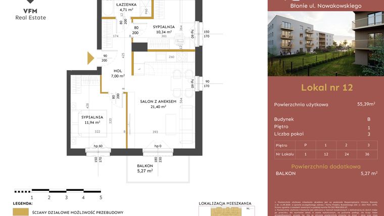 Rzut - Mieszkanie na sprzedaż 3 pokoje o powierzchni 55,39 m² - numer 12 w Stacja Błonie etap II