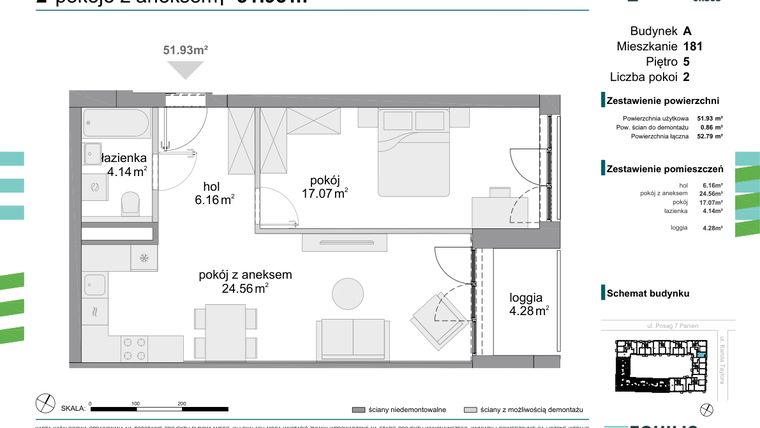 Rzut - Mieszkanie na sprzedaż 2 pokoje o powierzchni 51,93 m² - numer 181 w Osiedle Fokus Ursus