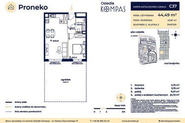 Rzut - Mieszkanie na sprzedaż 2 pokoje o powierzchni 44,49 m² - numer C37 w Osiedle Kompas