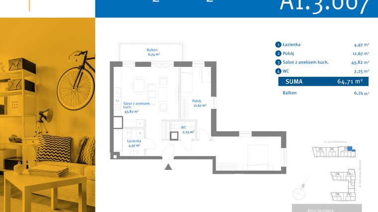 Rzut - Mieszkanie na sprzedaż 2 pokoje o powierzchni 64,71 m² - numer A1.3.007 w Yana