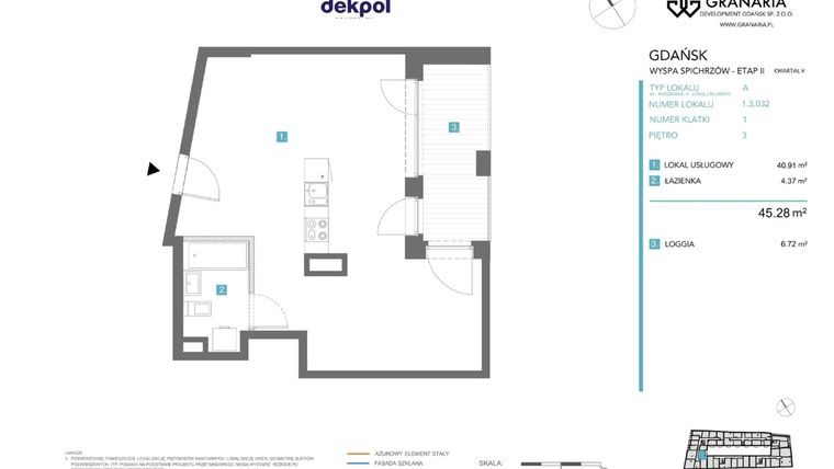 Rzut - Mieszkanie na sprzedaż 1 pokój o powierzchni 45,28 m² - numer 1.3.032 w Granaria