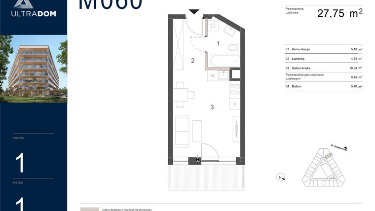 Rzut - Mieszkanie na sprzedaż 1 pokój o powierzchni 28,37 m² - numer M060 w Ultradom