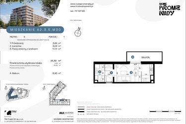 Rzut - Mieszkanie na sprzedaż 1 pokój o powierzchni 25,3 m² - numer A2.3.5.M30 w Nowe Promenady