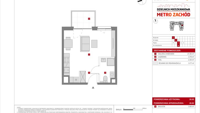 Rzut - Mieszkanie na sprzedaż 1 pokój o powierzchni 28,82 m² - numer C.66 w Dzielnica Mieszkaniowa Metro Zachód - etap 8.1