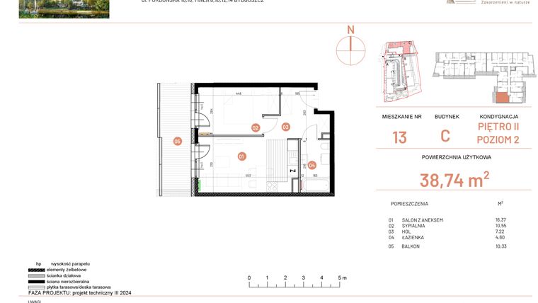 Rzut - Mieszkanie na sprzedaż 2 pokoje o powierzchni 38,74 m² - numer 18.13 w Osiedle Nowe Horyzonty etap II