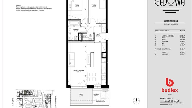 Rzut - Mieszkanie na sprzedaż 3 pokoje o powierzchni 65,14 m² - numer 1 w Gajowa bud. A