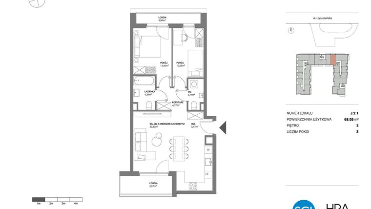 Rzut - Mieszkanie na sprzedaż 3 pokoje o powierzchni 68,05 m² - numer J.2.1 w Łopuszańska 47 - etap 3