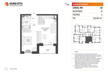 Rzut - Mieszkanie na sprzedaż 2 pokoje o powierzchni 39,46 m² - numer D.16 w Osiedle Warszawska etap II