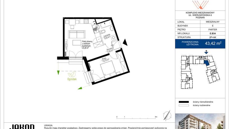 Rzut - Mieszkanie na sprzedaż 2 pokoje o powierzchni 43,42 m² - numer E.B34 w Wieruszowska E