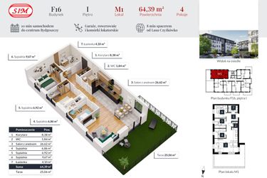 Rzut - Mieszkanie na sprzedaż 4 pokoje o powierzchni 64,39 m² - numer M1 w Tęczowy Zakątek F-16