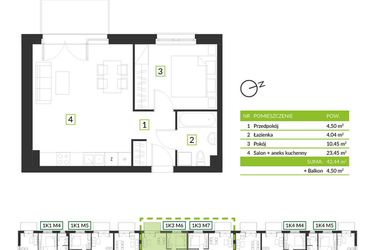 Rzut - Mieszkanie na sprzedaż 2 pokoje o powierzchni 42,44 m² - numer 1K3 M6 w Osiedle Krzeptów przy lesie