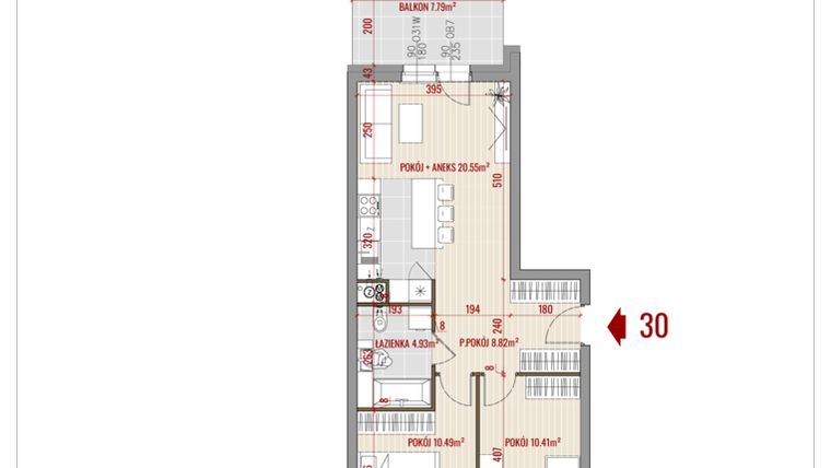 Rzut - Mieszkanie na sprzedaż 3 pokoje o powierzchni 55,2 m² - numer 30 w Zalesie