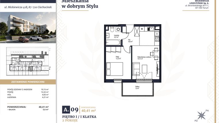 Rzut - Mieszkanie na sprzedaż 2 pokoje o powierzchni 40,41 m² - numer A9 w Mickiewicza