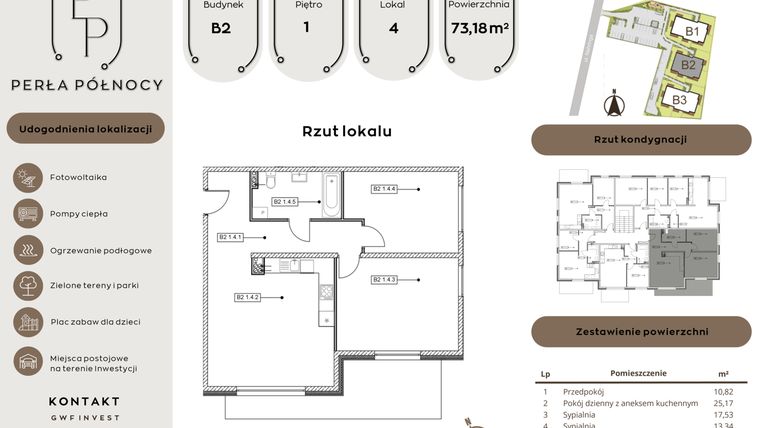 Rzut - Mieszkanie na sprzedaż 3 pokoje o powierzchni 73,18 m² - numer B2.1_4 w Perła Północy etap 2