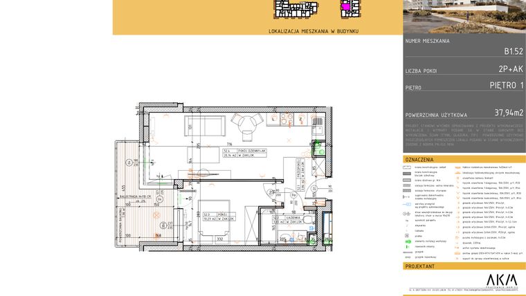 Rzut - Mieszkanie na sprzedaż 2 pokoje o powierzchni 37,94 m² - numer B1.52 w Nova Daliova