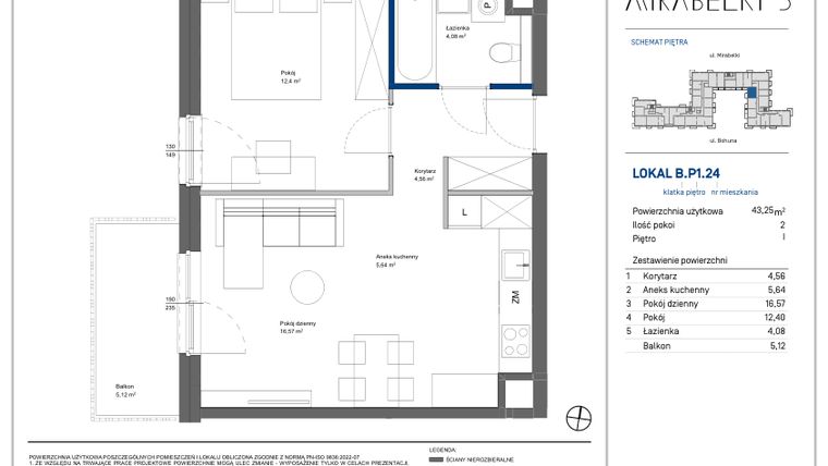 Rzut - Mieszkanie na sprzedaż 2 pokoje o powierzchni 43,25 m² - numer B.P1.24 w Mirabelki 5