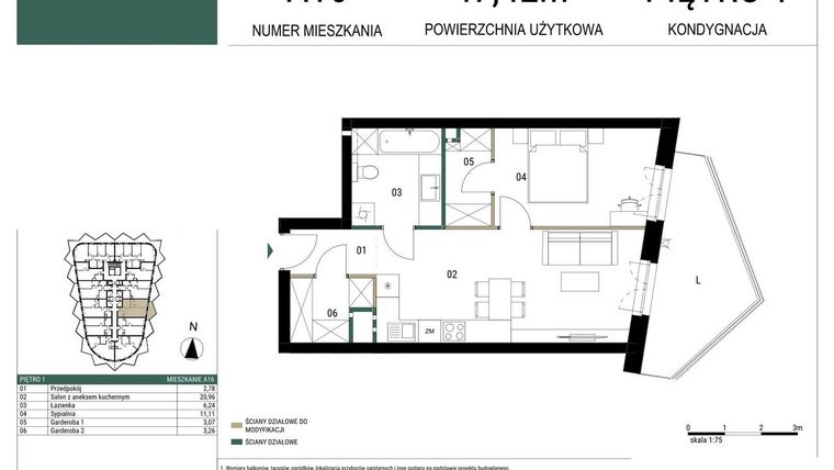 Rzut - Mieszkanie na sprzedaż 2 pokoje o powierzchni 47,42 m² - numer A16 w Drago