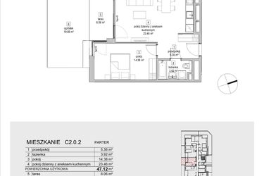 Rzut - Mieszkanie na sprzedaż 2 pokoje o powierzchni 47,12 m² - numer C2.0.2 w ATAL Symbioza IB