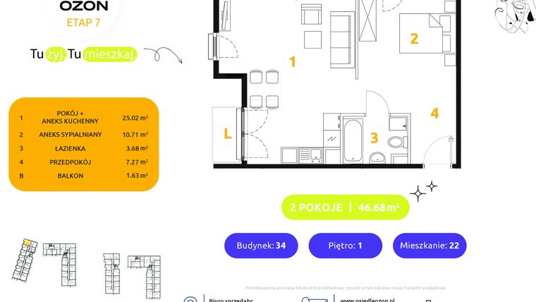 Rzut - Mieszkanie na sprzedaż 2 pokoje o powierzchni 46,68 m² - numer 34.22 w Osiedle Ozon etap VII