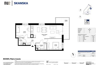 Rzut - Mieszkanie na sprzedaż 3 pokoje o powierzchni 65,46 m² - numer BC0301 w NU2 Warszawa Wola
