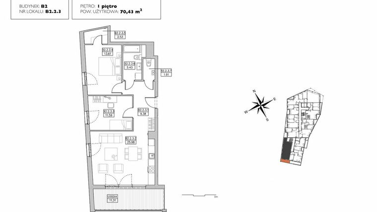 Rzut - Mieszkanie na sprzedaż 3 pokoje o powierzchni 70,43 m² - numer B2.2.3 w Alvarium 2.0