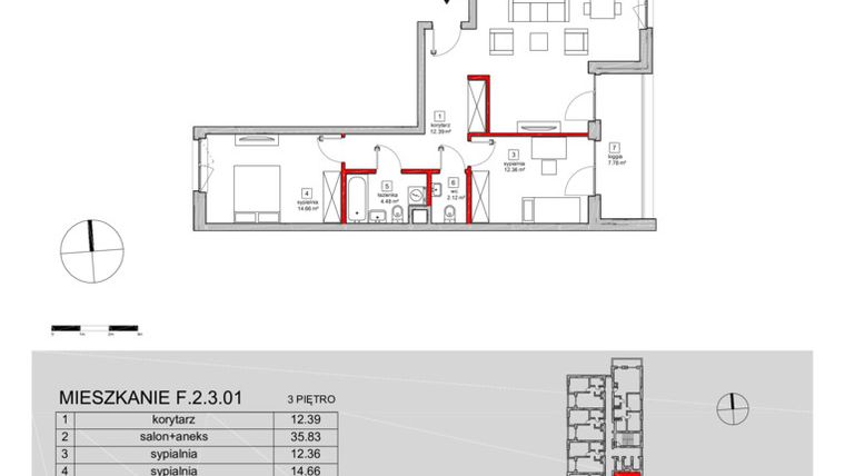 Rzut - Mieszkanie na sprzedaż 3 pokoje o powierzchni 84,11 m² - numer F.2.3.01 w ATAL SKY+ bud. D-F
