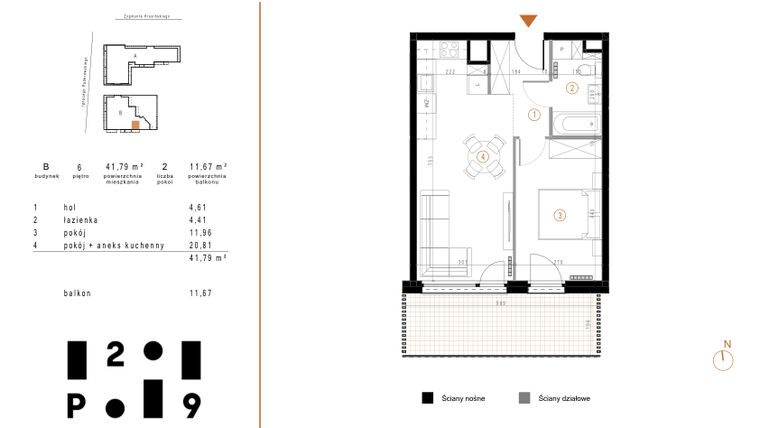 Rzut - Mieszkanie na sprzedaż 2 pokoje o powierzchni 41,79 m² - numer B57 w Paderewskiego 29
