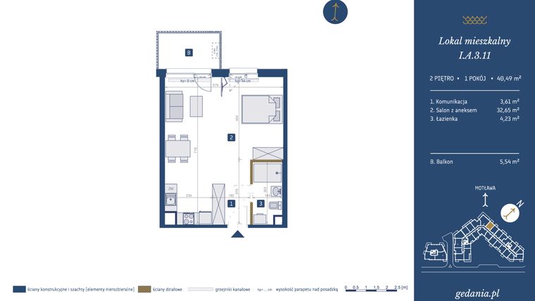 Rzut - Mieszkanie na sprzedaż 1 pokój o powierzchni 40,49 m² - numer I.A.3.11 w GEDANIA Riverside Living