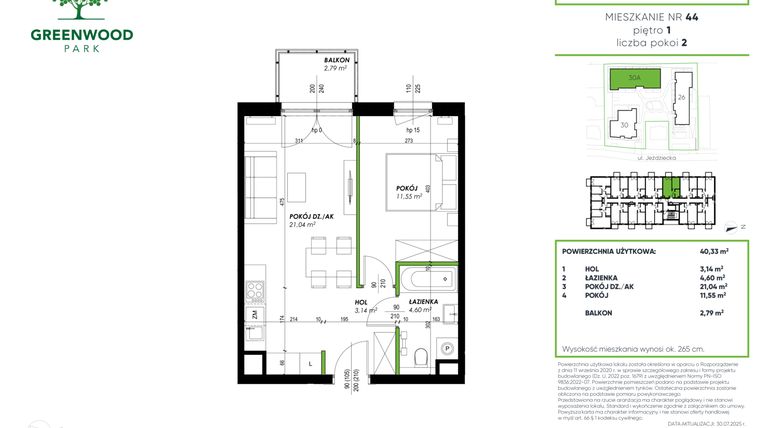 Rzut - Mieszkanie na sprzedaż 2 pokoje o powierzchni 40,33 m² - numer B 44 w Greenwood Park