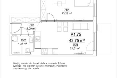 Rzut - Mieszkanie na sprzedaż 2 pokoje o powierzchni 43,75 m² - numer A1.75 w FORTnatura
