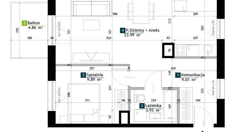 Rzut - Mieszkanie na sprzedaż 2 pokoje o powierzchni 46,82 m² - numer BB0105 w Viva Cité