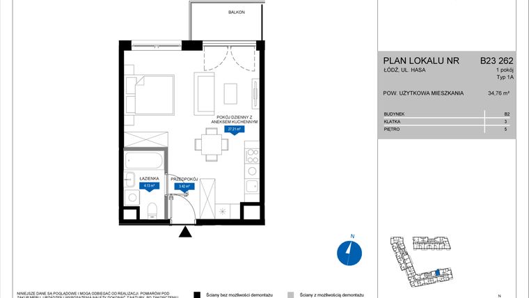 Rzut - Mieszkanie na sprzedaż 1 pokój o powierzchni 34,76 m² - numer B23 262 w Flow - bud. B2 A i bud. B2 B
